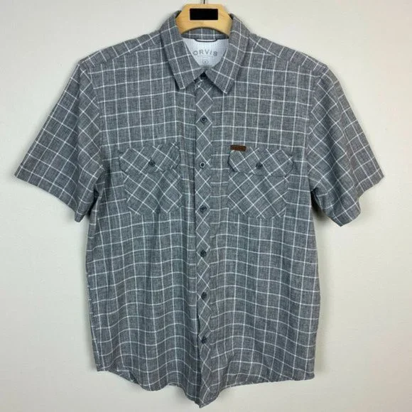 Orvis Shirt M Tech Performance Short Sleeve Button Up Plaid Gray White Mens - Picture 1 of 9